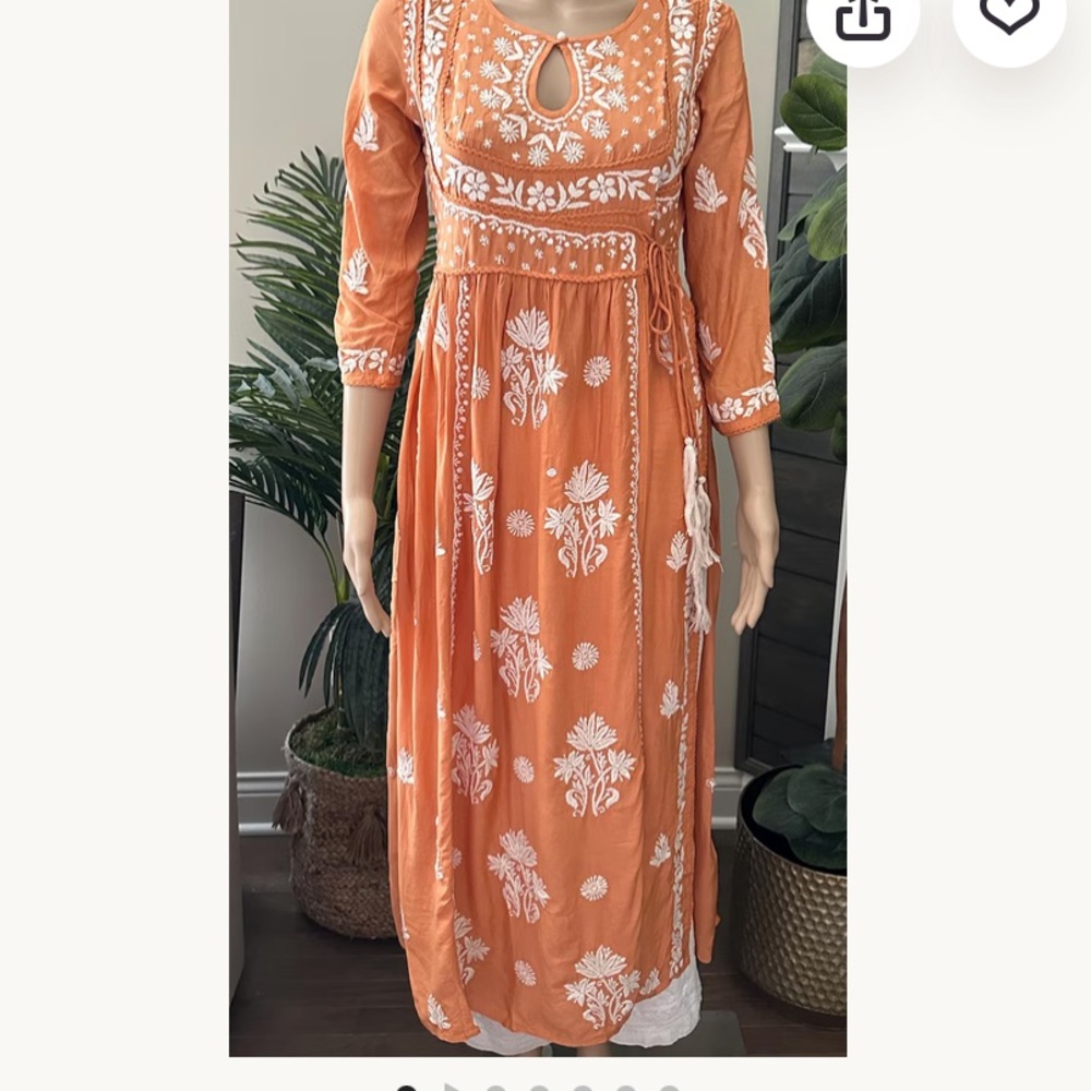 Muslin Chikankari High Slit Kurta / Orangy Peach / Hand embroidered